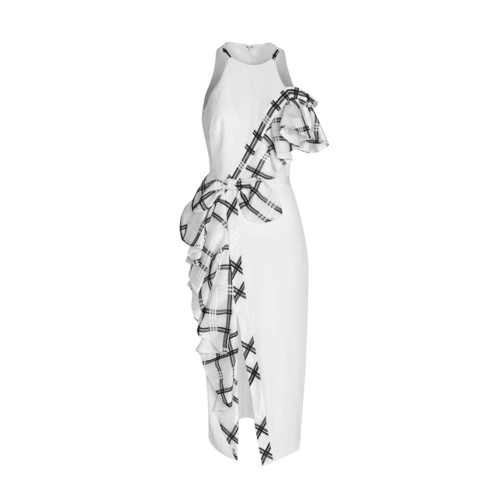 SLIM FITTED SIDE RUFFLE SLIT DRESS